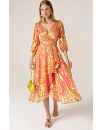 Peach Face Wrap Dress Peach Gold Flower