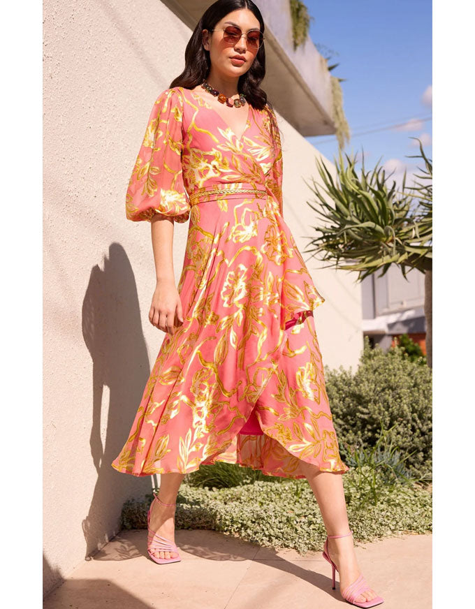 Peach Face Wrap Dress Peach Gold Flower