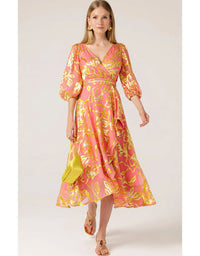 Peach Face Wrap Dress Peach Gold Flower