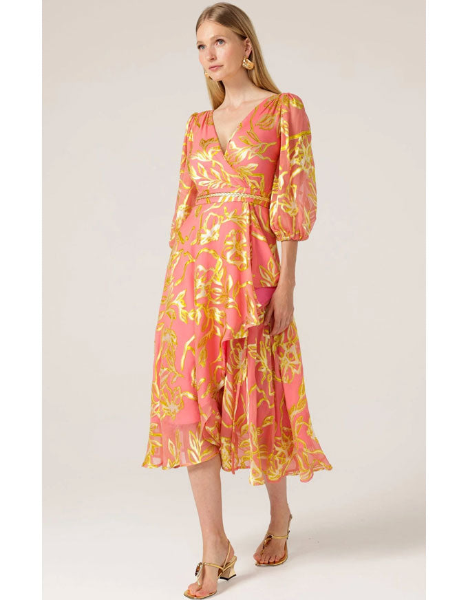 Peach Face Wrap Dress Peach Gold Flower