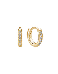 Gold hoop earrings with small diamonds on a white background