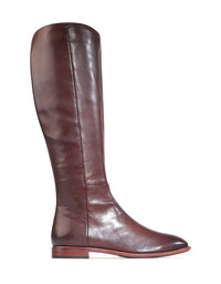Brown leather knee-high boot on a white background