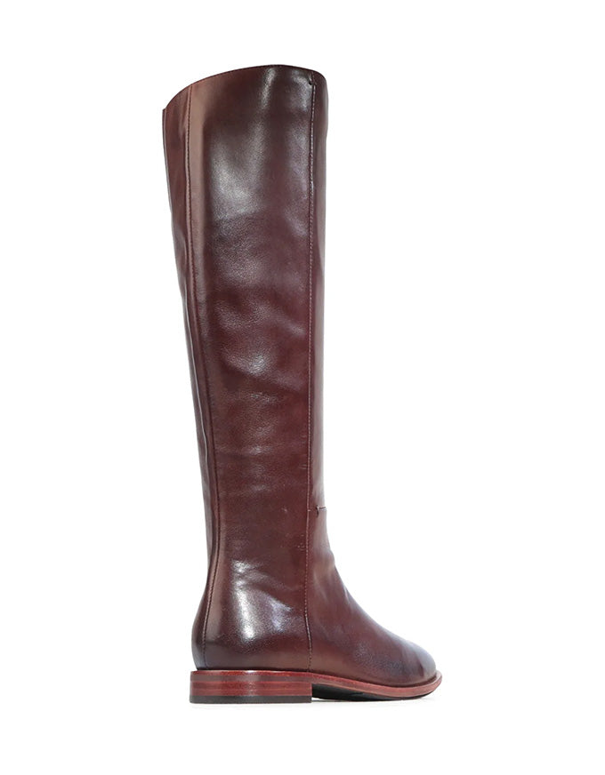 Brown leather knee-high boot on a white background