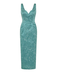 A sleeveless, floor-length teal dress with a floral lace pattern and a V-neckline, shown against a plain white background.