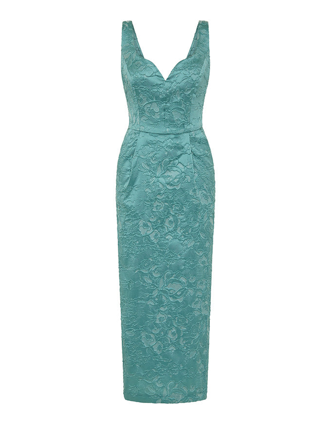 A sleeveless, floor-length teal dress with a floral lace pattern and a V-neckline, shown against a plain white background.