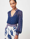 Phoenix Shirred Blouse Lapis Spot - Once Was