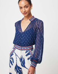 Phoenix Shirred Blouse Lapis Spot - Once Was