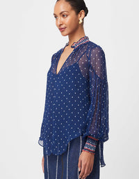 Phoenix Shirred Blouse Lapis Spot - Once Was