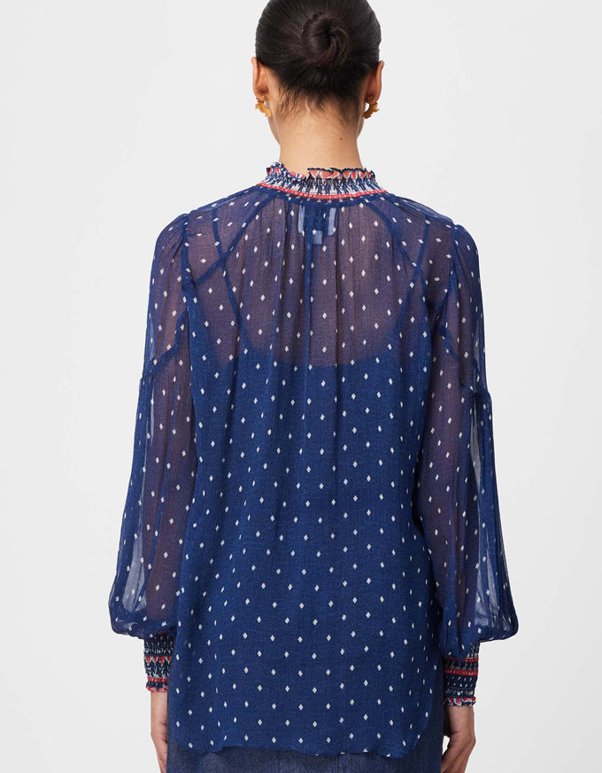 Phoenix Shirred Blouse Lapis Spot - Once Was