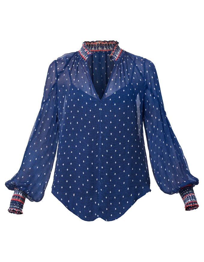 Phoenix Shirred Blouse Lapis Spot - Once Was