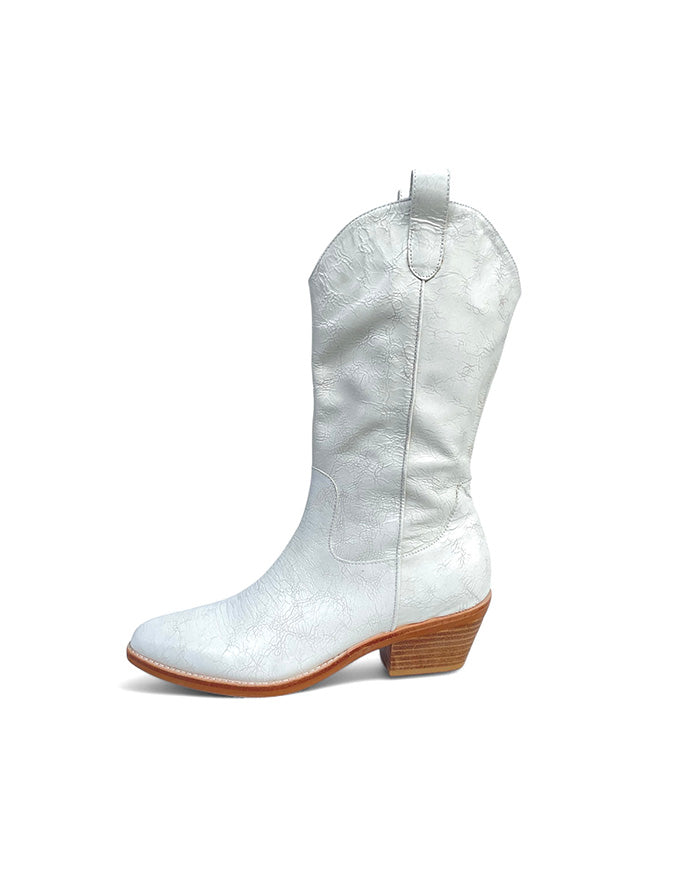 Evren White Distressed Leather Western Boots
