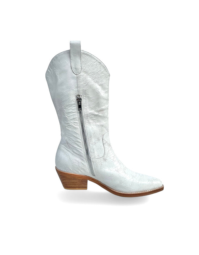 Evren White Distressed Leather Western Boots