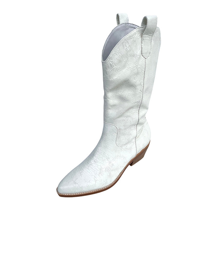 Evren White Distressed Leather Western Boots