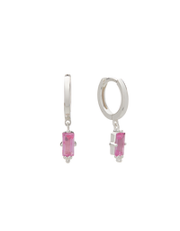 Huggies w Hanging Pink Quartz Baguette Silver