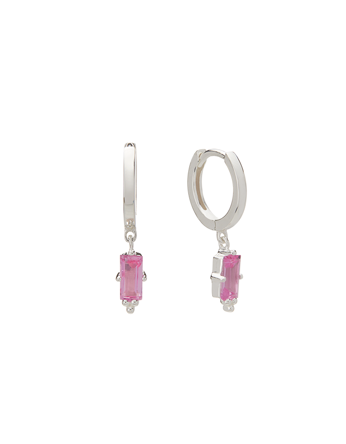 Huggies w Hanging Pink Quartz Baguette Silver