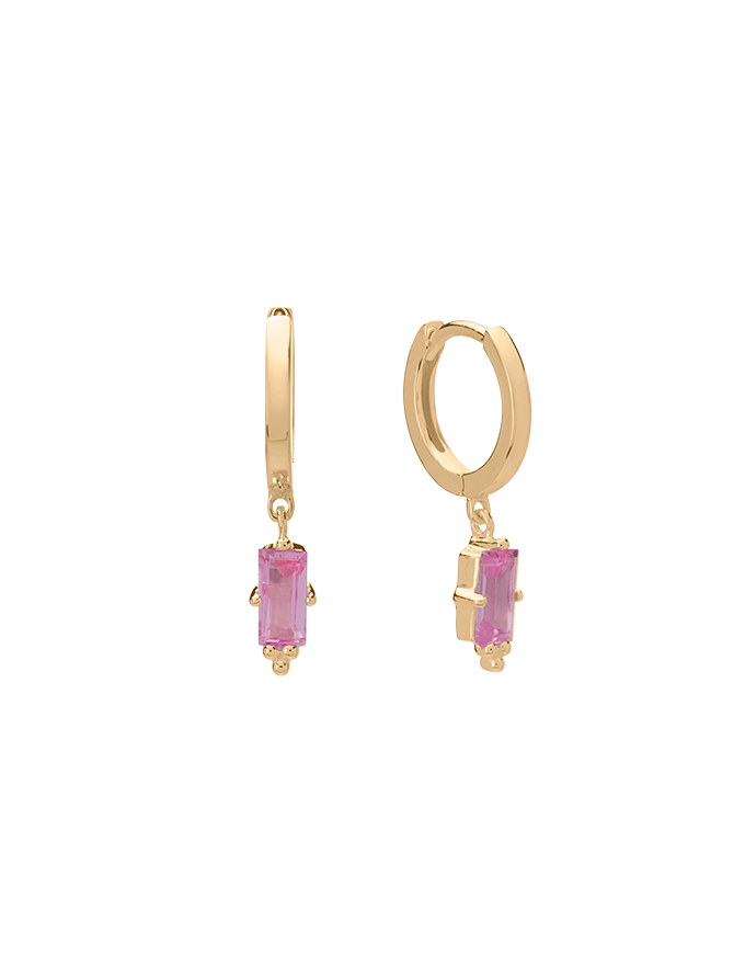 Huggies w Hanging Pink Quartz Baguette 18KT YGP