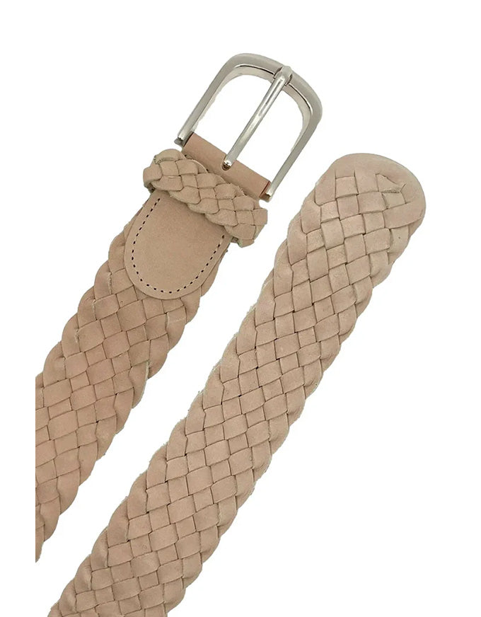 Beige woven belt with a silver buckle on a white background