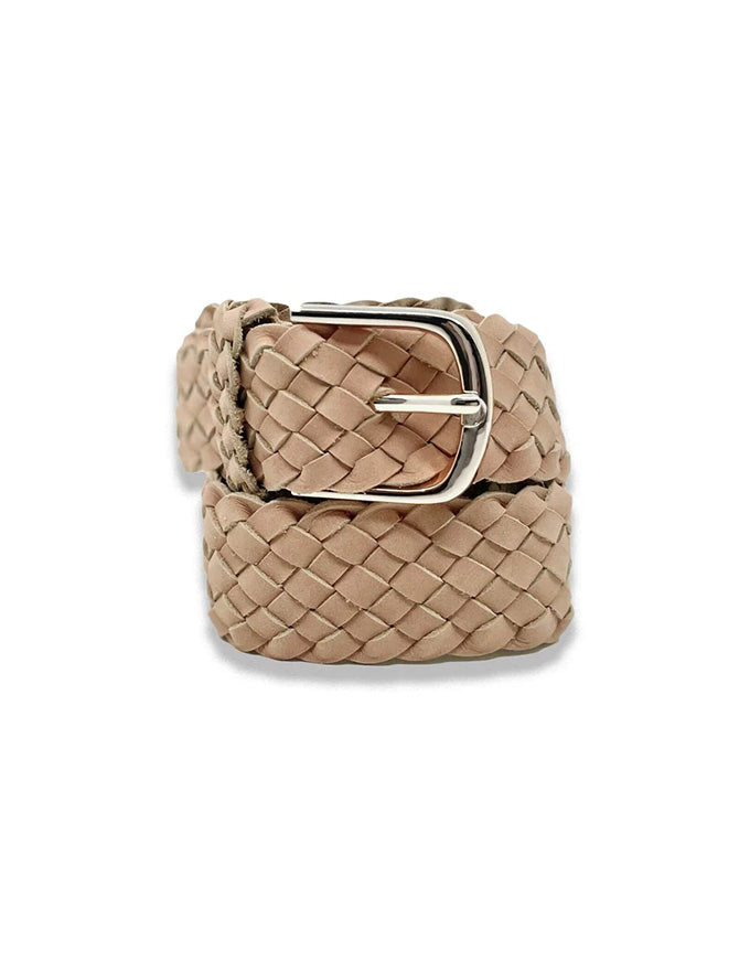 Beige woven belt with a silver buckle on a white background