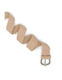 Beige woven belt with a metal buckle on a white background