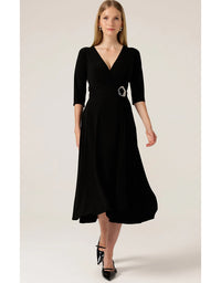 3/4 Sleeve Reverse Wrap Midi Black