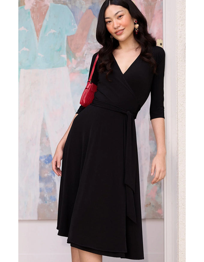 3/4 Sleeve Reverse Wrap Midi Black