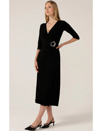 3/4 Sleeve Reverse Wrap Midi Black