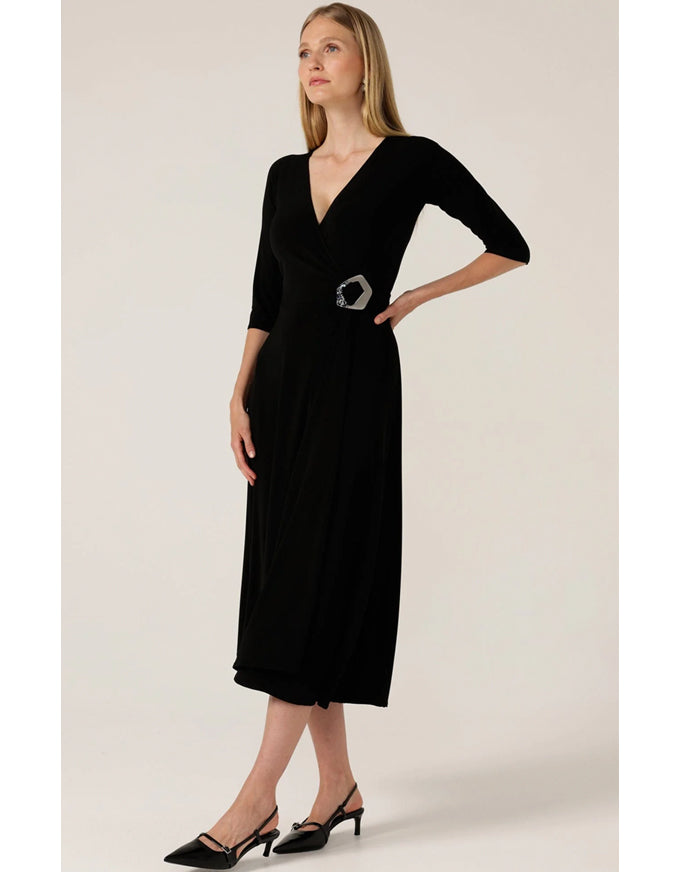 3/4 Sleeve Reverse Wrap Midi Black