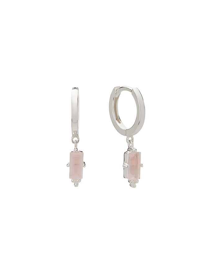 Huggies w Hanging Rose Quartz Baguette Silver