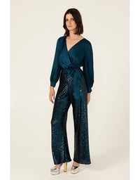 Satin Faux Wrap Top - Peacock