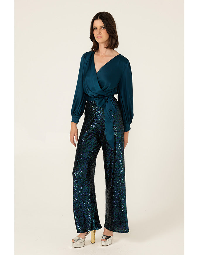 Satin Faux Wrap Top - Peacock