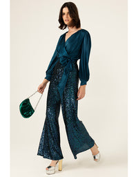 Satin Faux Wrap Top - Peacock