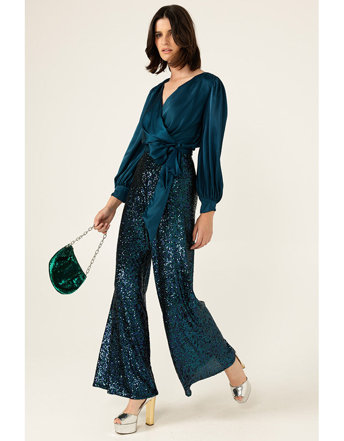 Satin Faux Wrap Top - Peacock