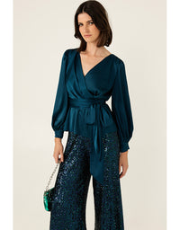 Satin Faux Wrap Top - Peacock
