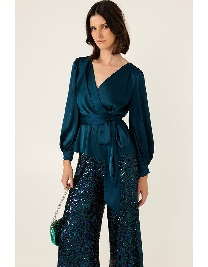 Satin Faux Wrap Top - Peacock