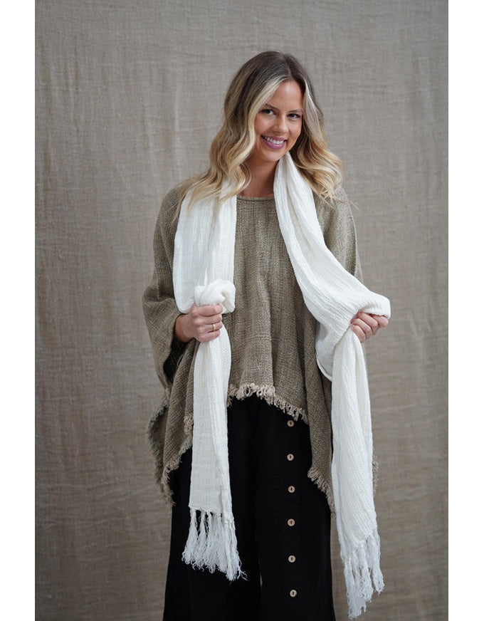 Mesh Scarf W Fringe White Linen