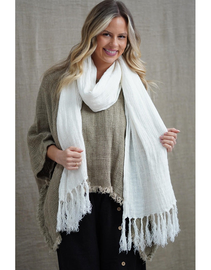 Mesh Scarf W Fringe White Linen