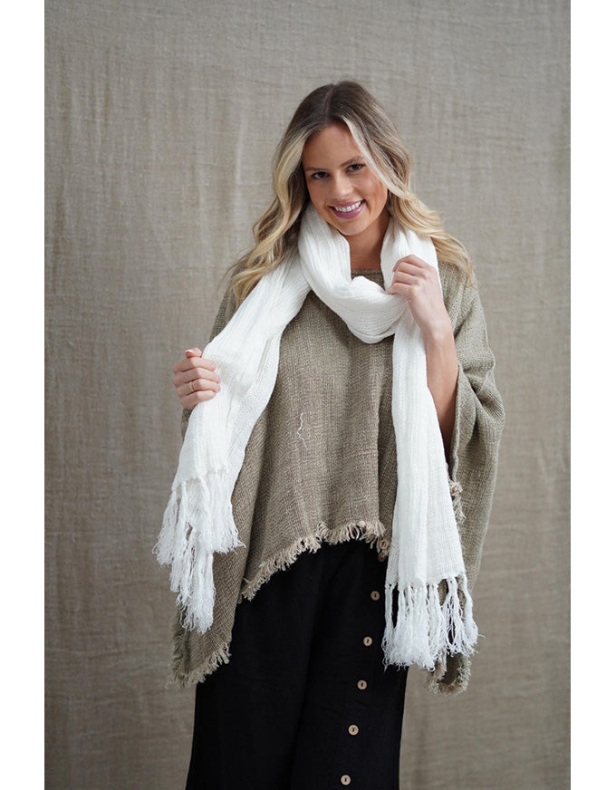 Mesh Scarf W Fringe White Linen