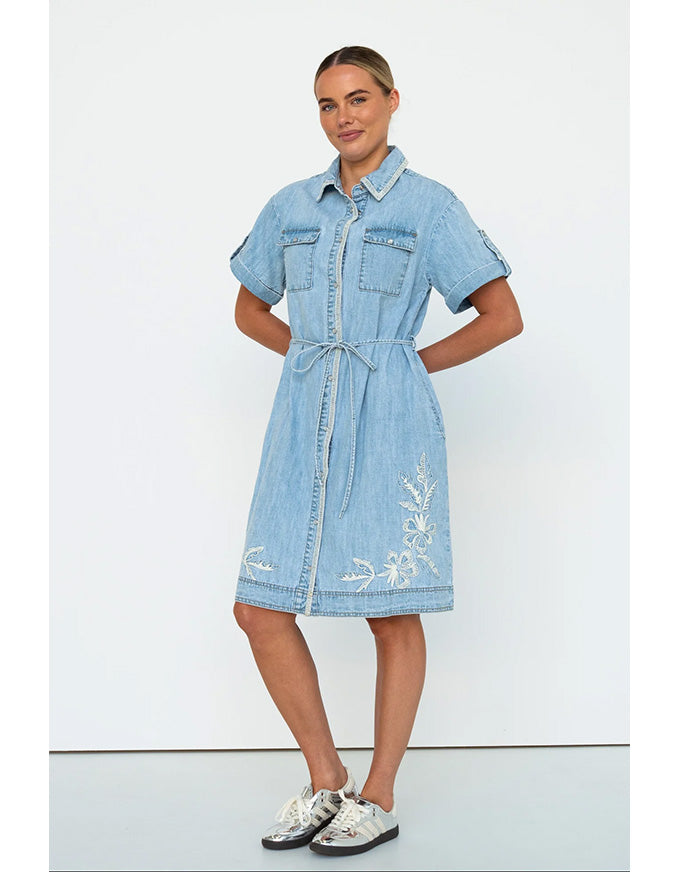 Simone Dress Floral Embroidery 70's Blue