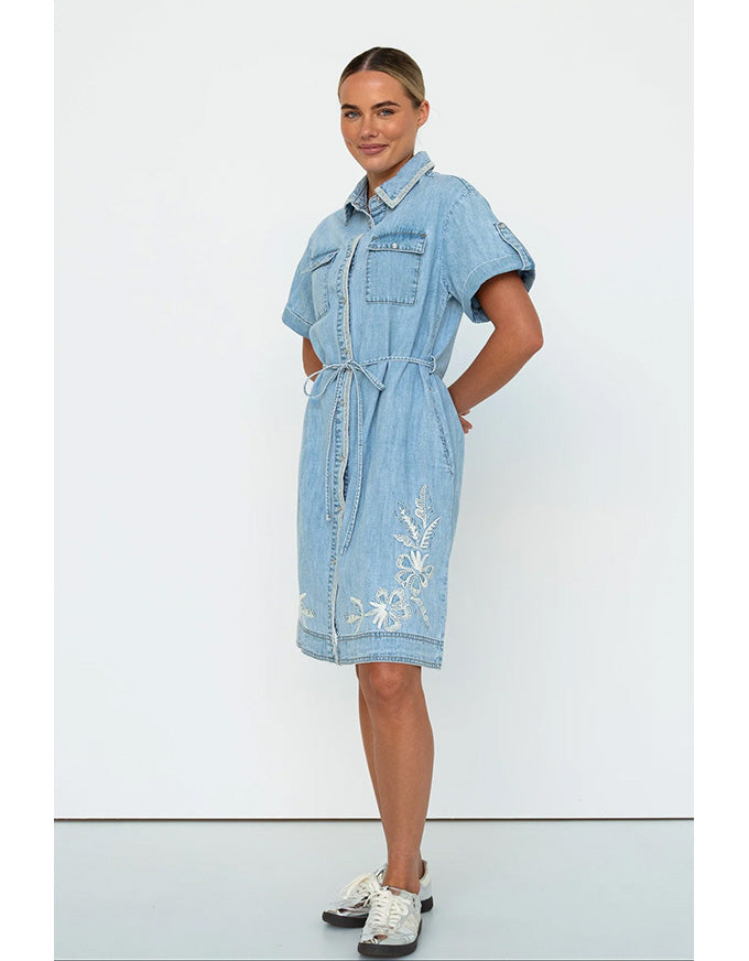 Simone Dress Floral Embroidery 70's Blue