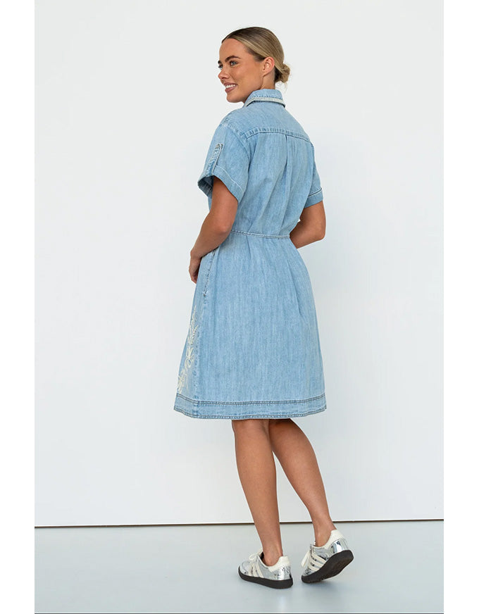 Simone Dress Floral Embroidery 70's Blue