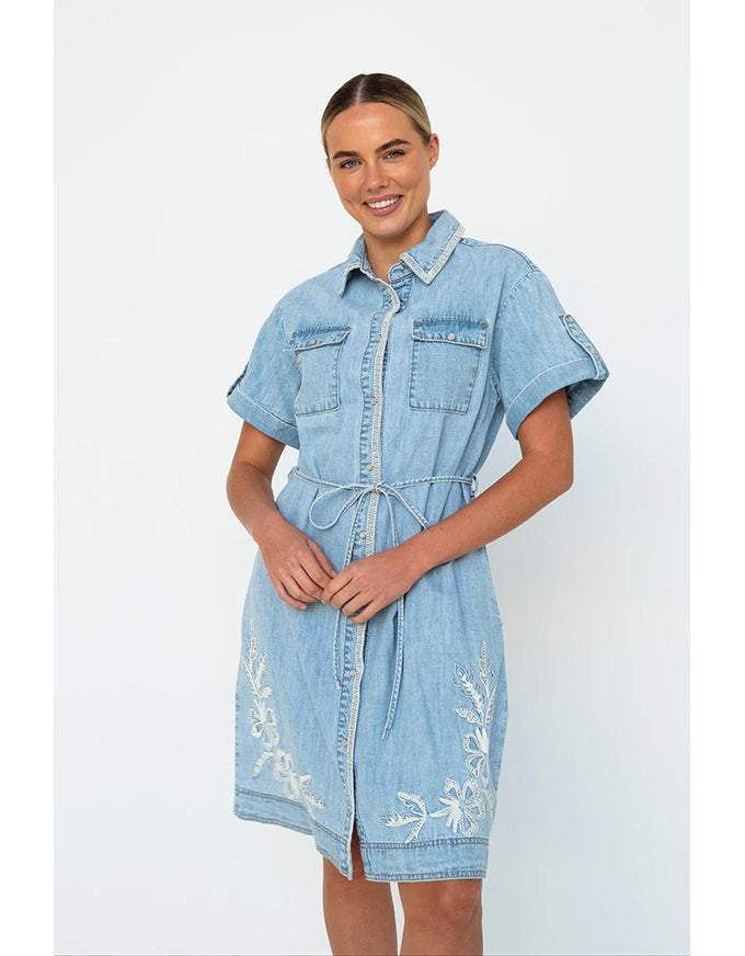 Simone Dress Floral Embroidery 70's Blue