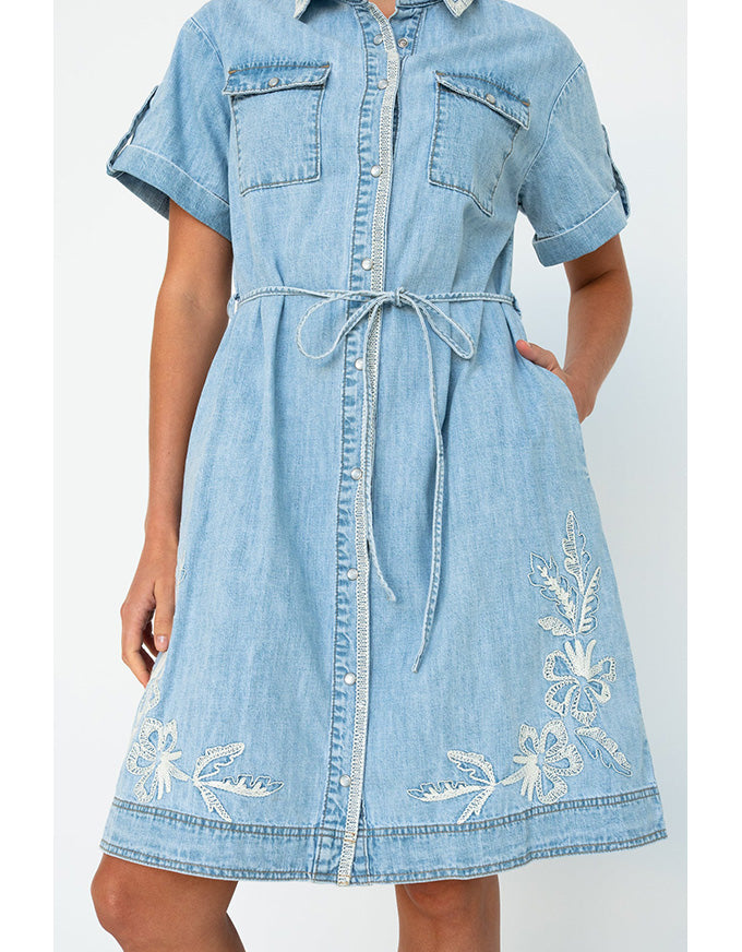 Simone Dress Floral Embroidery 70's Blue