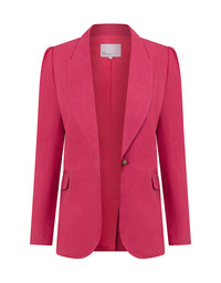 A bright pink tailored blazer with structured shoulders, a single front button, and flap pockets, shown on a plain white background. Crest Jacket Rhubarb