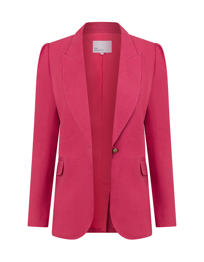 A bright pink tailored blazer with structured shoulders, a single front button, and flap pockets, shown on a plain white background. Crest Jacket Rhubarb