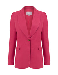 A bright pink tailored blazer with structured shoulders, a single-breasted button closure, and flap pockets, shown on a plain white background. Crest Jacket Rhubarb