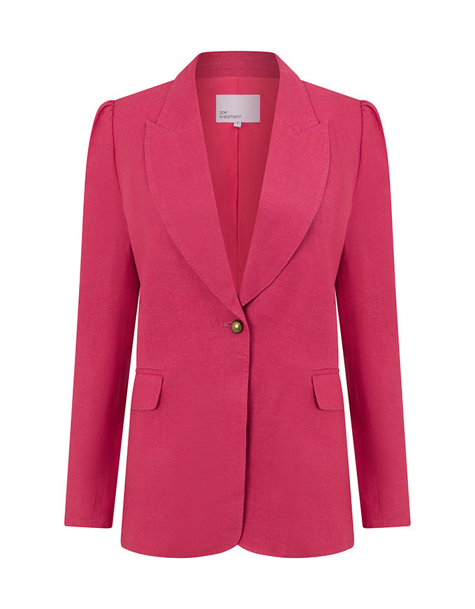 A bright pink tailored blazer with structured shoulders, a single-breasted button closure, and flap pockets, shown on a plain white background. Crest Jacket Rhubarb