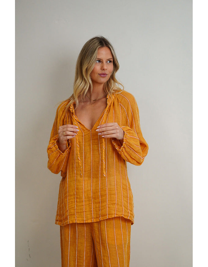 Sussana Stonewash Linen Top Mustard Stripe