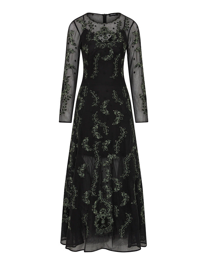 Black lace dress with long sleeves on a white background