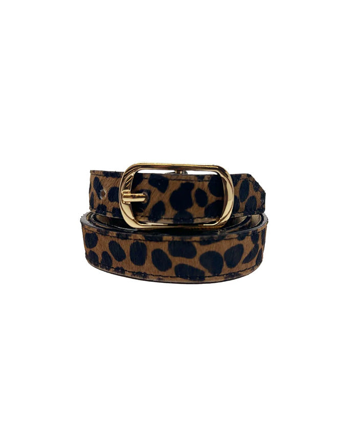 Leopard print belt with a gold buckle on a white background