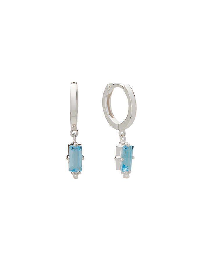 Huggies w Hanging Blue Topaz Baguette Sterling Silver